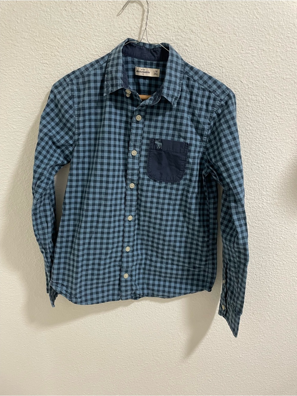 Blue Check Button-Up Shirt with Contrasting Pocket